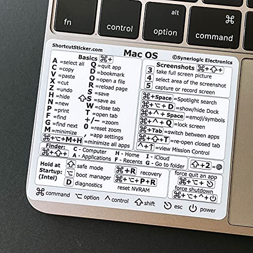 SYNERLOGIC (for Intel) Mac OS (Monterey/Big Sur/Catalina/Mojave etc) Keyboard Shortcut Laminated Vinyl Sticker, No-Residue Adhesive, Compatible with MacBook Air/Pro/iMac/Mini