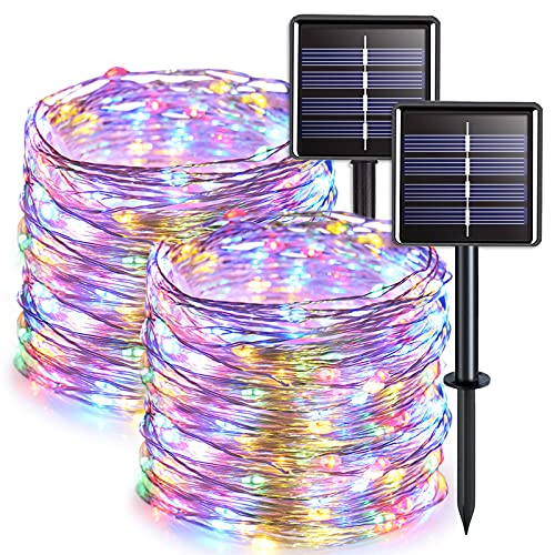 JMEXSUSS 2 Pack Solar Christmas Lights Outdoor Waterproof, Total 66FT 200 LED Multicolor Solar Fairy Lights, 8 Modes Mini Solar String Lights for Outside Patio Garden Tree Party Christmas Decorations