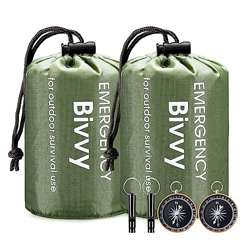 Esky Emergency Sleeping Bag, 2 Pack Survival Bag Portable Thermal Bivy Sack, Waterproof Lightweight Emergency Blanket Survival Gear with Compass and Whistle for Camping Hiking Outdoor Adventure