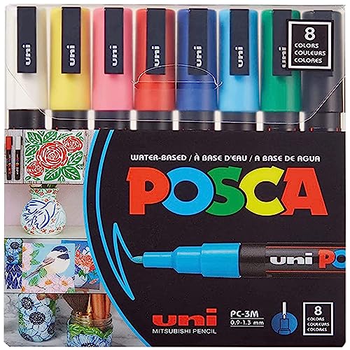8 Posca Paint Markers, 3M Fine Posca Markers with Reversible Tips, Posca Marker Set of Acrylic Paint Pens | Posca Pens for Art Supplies, Fabric Paint, Fabric Markers, Paint Pen, Art Markers