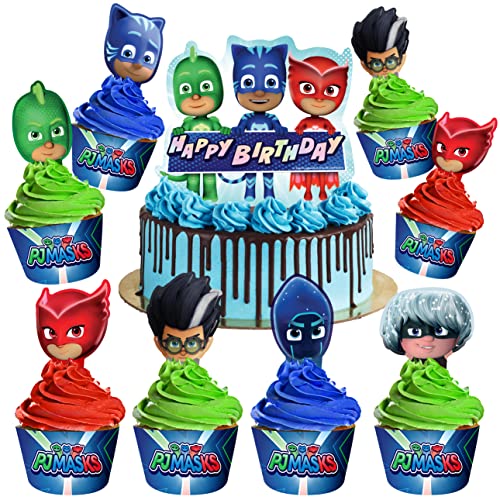 Treasures Gifted Officially Licensed PJ Masks Cake Topper Set - PJ Masks Birthday Party Supplies - (1) PJ Masks Cake Topper & (24 PJ Masks Cupcake Toppers & Wrappers - PJ Masks Cake Decorations