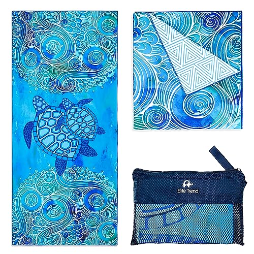 Elite Trend XL Beach Towel for Travel – Extra Large 78x35 Inch w/Bag – Lightweight Microfiber, Compact, Soft, Quick Dry, Sand Free – for Swimming, Pool, Camping, Yoga, Workout, Traveling – Sea Turtle