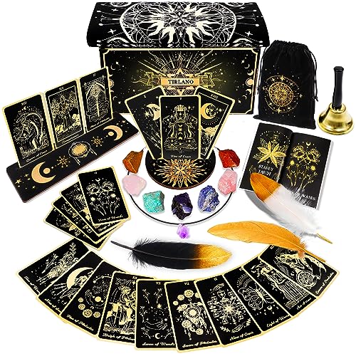 78 Tarot Cards with Guidebook - Black Tarot Deck Gift Set with Tarot Cloth & Holder, Chakra Stones & More, Tarot Cards Deck Fortune Telling Game Craft Cardboard for Beginners and Expert Readers