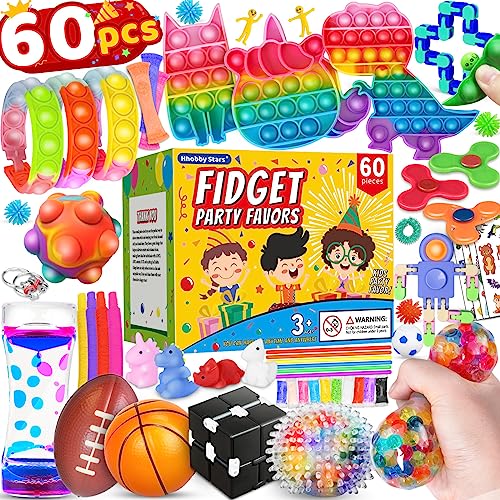 (60 Pcs) Sensory Fidget Toys Pack, School Classroom Rewards Goodie Bag Party Favors for Kids 3-5 4-8 8-12, Stress Relief & Anxiety Relief Tools Autistic ADHD Toys Holiday Birthday Christmas Gifts