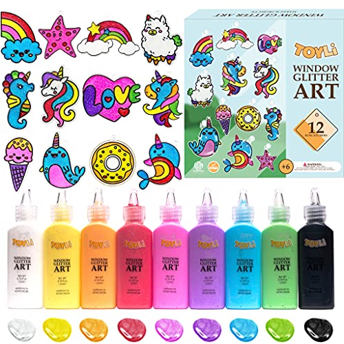 TOYLI Window Glitter Painting Kids Arts and Crafts Creative Set, 26 Suncatchers Kit,Gifts for Boys,Girls Ages 5,6,7,8,9,10 DIY, Great Home Birthday Party Idea, Your Own Fun Painting Activity NON Toxic