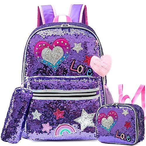 Meetbelify Backpack for Girls School Backpacks Kids Cute Sequin Bookbag for Elementary Kindergarten with Lunch Box Pencil Case for Girls 5-12 Years Old