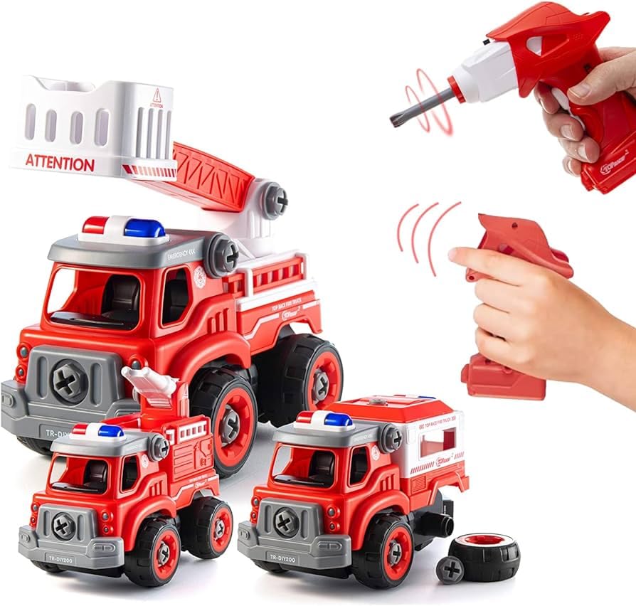 Top Race Firetruck Toy with Battery Powered Drill – Heavy Duty 3-in-1 Take Apart Truck and Remote Control – Easy to Assemble Toy Firetrucks for Kids (Ages 3 and Above), Construction Toys, Toy Car