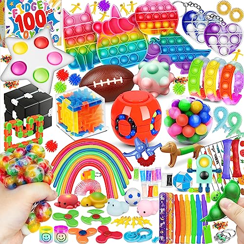 (100 Pcs) Fidget Toys Pack, Party Favors Carnival Treasure Classroom Prizes Small Mini Bulk Sensory Figit Toys Set for Boys Girls Kids Adults, Stress Relief & Anxiety Relief Tools Autistic ADHD Toys
