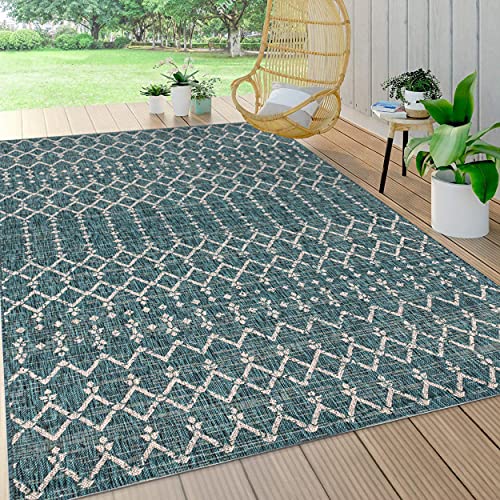 JONATHAN Y SMB108C-5 Ourika Moroccan Geometric Textured Weave Indoor Outdoor Area-Rug, Bohemian, Rustic, Scandinavian Easy-Cleaning,Bedroom,Kitchen,Backyard,Patio,Non Shedding, Teal/Gray, 5 X 8