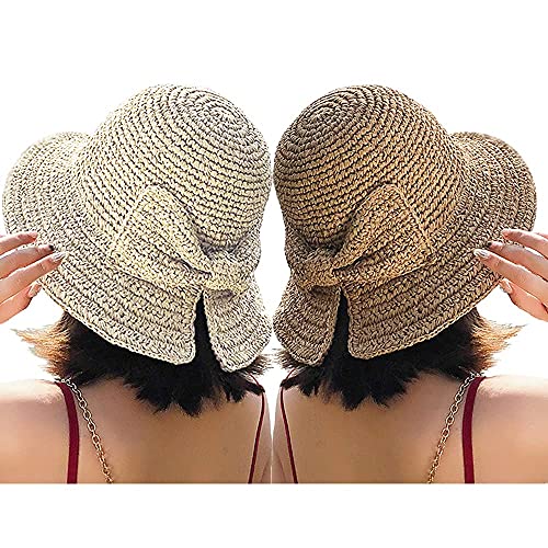 Foldable Wide Brim Floppy Straw Beach Sun Hat,Summer Cap with Bowknot for Women Girls,Strap Adjustable (2 Pack Beige & Khaki)