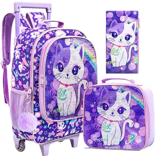 UFNDC 4PCS Rolling Backpack for Girls, Kids Cat Sequin Wheeled Bookbag ，Travel Roller School Bag with Wheels
