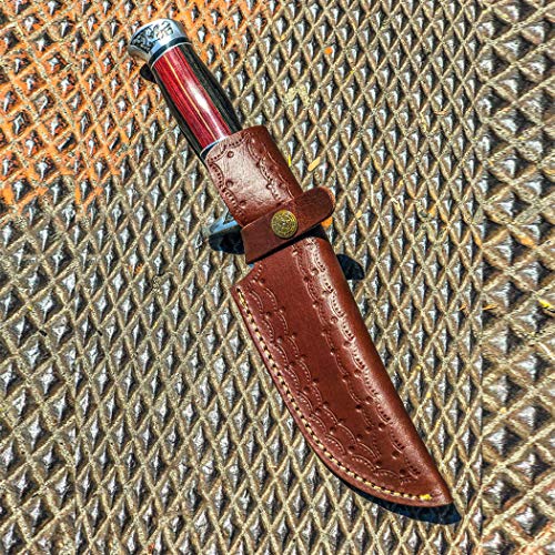 DamaskerUS 9' Handmade Real Leather Sheath for Fixed Hunting Blade Knife Engraved/Belt Loop Brown