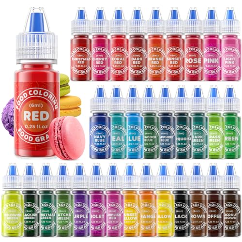 Food Coloring - 33 Food Grade Vibrant Colors Food Coloring Liquid Set, Food Dye Color for Baking, Icing, Cookie, Cake Decorating, Easter Egg, DIY Making Supplies Kit - 0.25 Fl. oz (6 ml)/Bottles