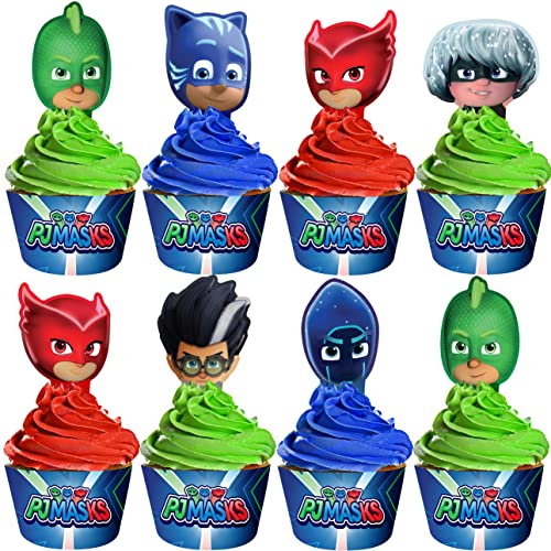 Treasures Gifted Officially Licensed PJ Masks Cupcake Toppers & Wrappers 24ct - PJ Masks Birthday Party Supplies - PJ Mask Party Decorations - PJ Masks Birthday Decorations - PJ Masks Cake Decorations