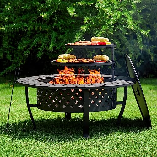PAPABABE 42 Inch Outdoor Fire Pit with 2 Grill, Wood Burning Firepit for Outside with Lid/Fire Poker, Extra Large Heavy Duty Metal Round Table for Patio Backyard Garden Camping Bonfire