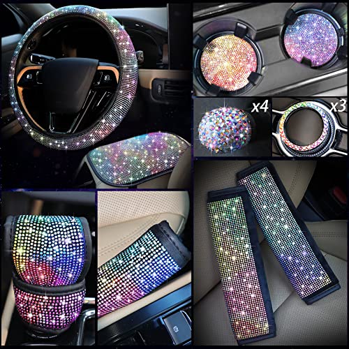 15 Pcs Bling Car Accessories Set, Include Rhinestone Steering Wheel Cover Center Console Cover Crystal Handbrake Cover Glitter Car Gear Cover 3 Car Sticker Ring Emblem 4 Bling Valve Stem Cap 2 Holder