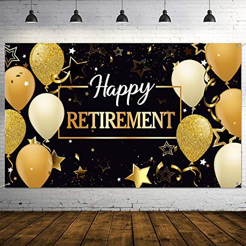 Retirement Party Decorations, Extra Large Fabric Retirement Sign Banner Photo Booth Backdrop Background with Rope for Retirement Party Favor (Black and Gold, 70.8 x 43.3 Inch)