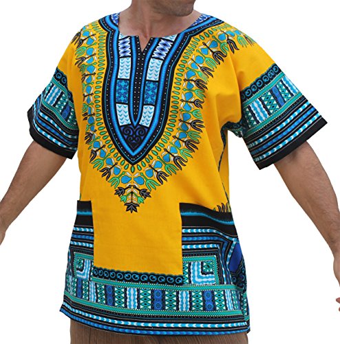 RaanPahMuang Unisex African Bright Dashiki Cotton Shirt Variety Colors, 3X-Large, Yellow - Multi-Coloured