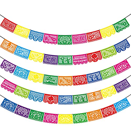 Asoulin 5 PCS Mexican Party Banners, Cinco De Mayo Mexico Decor, Fiesta Party Decoration, Easter Decor, Plastic Papel Picado, Dia De Los Muertos, Day of The Dead Decoration, 12 Patterns/90 Feet Total