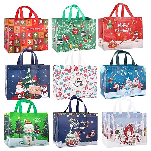 CVNDKN Christmas Gift Bags,9 Pcs Christmas Tote Bags with Handles for Shopping,Grocery Bags,Gifts Wrapping,Christmas Party Supplies Decorations,12.7'*9.8'*6.7' Reusable Gift Bags.