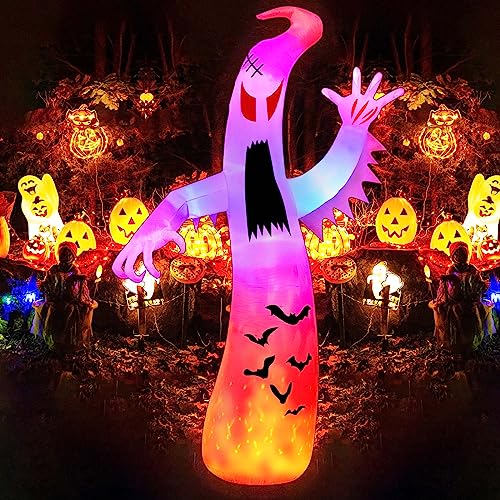 12FT Halloween Inflatables Giant Ghost Outdoor Decorations Colorful Flashing and Flame Lighting Blow Up Yard for Halloween Outdoor Yard Decorations, Garden, Lawn, Indoor