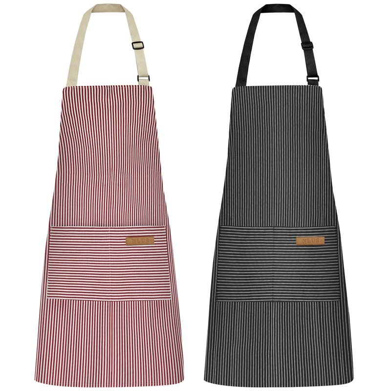 NLUS 2 Pack Kitchen Cooking Aprons, Adjustable Bib Soft Chef Apron with 2 Pockets for Men Women (Black Pinstripes/Pink Pinstripes)