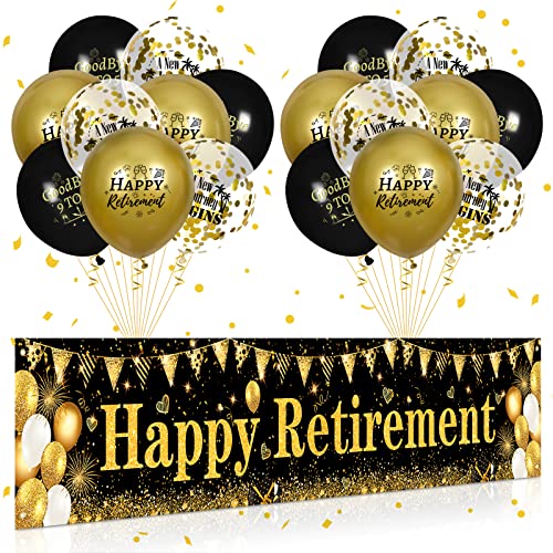 Retirement Party Decorations Black Gold Happy Retirement Banner and 18pcs Happy Retirement Balloons for Men and Women Large Black Gold Retirement Yard Sign for Retirement Party Supplies