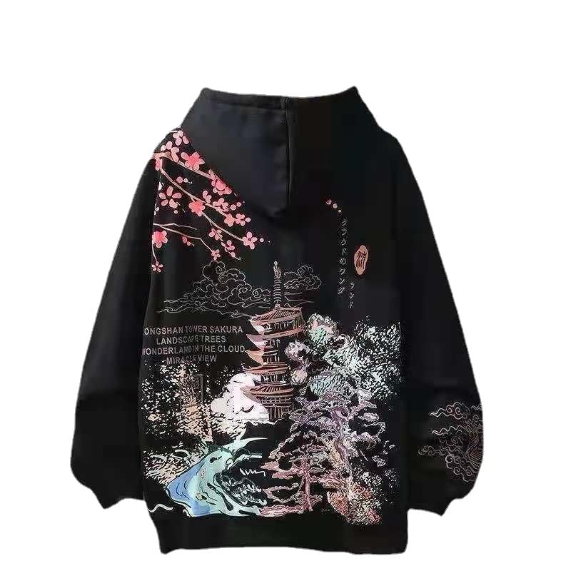 Y2K Anime Hoodies Aesthetic Sakura Graphic Sweatshirt Japanese Harajuku Oversized Zip Up Hooded Tops Alt Emo Clothes (Black-No Fleece,Medium)