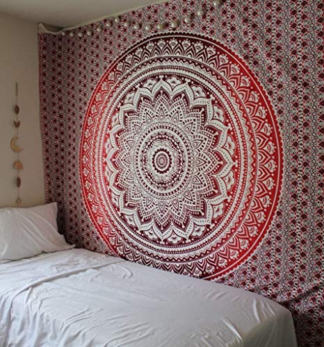 Bless International Indian Traditional Mandala Hippie Wall Hanging, Cotton Tapestry Ombre Bohemian Bedspread (Poster (30x40 Inches)(76x101 Cm), Classic Red)