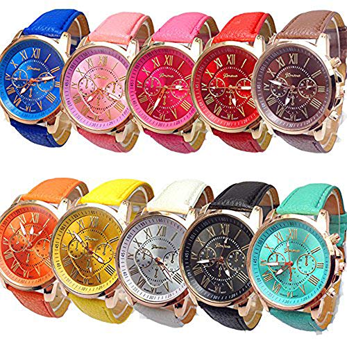 CdyBox Women Men Lady Teen Girl PU Leather Band Watches Roman Numerals Dial Analog Quartz Wristwatches (10 Pack)