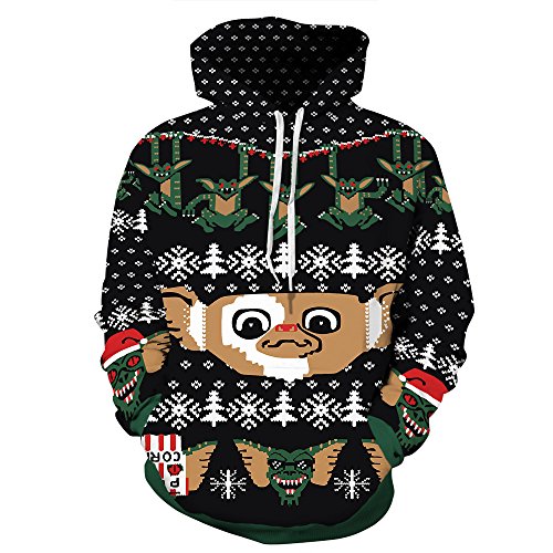 Grace's Secret Couple 3D Santa Print Ugly Christmas Kangaroo Pocket Sweatshirt Hoodies Pullover Elf S/M
