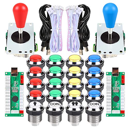 EG STARTS Arcade Gamepads & Standard Controllers DIY Games MAME Kit 2 Ellipse Oval Joystick + 20 LED Chrome Buttons (Mixed-Colors)