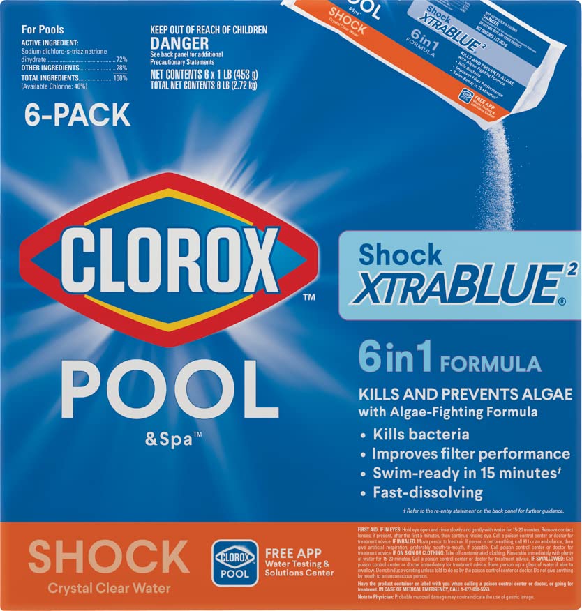 Clorox Pool&Spa Shock XTRABLUE2, Kills Bacteria & Algae in Swimming Pools, Swim-Ready in 15 Minutes, (6-Pack)
