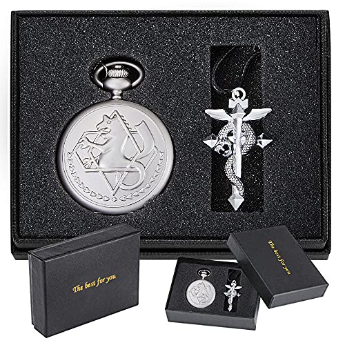 Tiong Fullmetal Alchemist Pocket Watch with Chain for Cosplay Pendant Accessories & Gifts Box Christmas Valentine's Day Birthday Gifts Fathers Day(Silver)