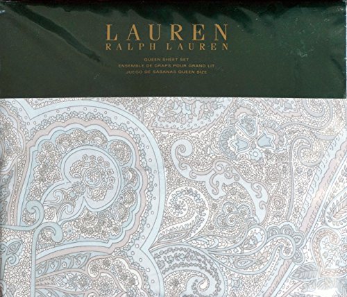 Ralph Lauren 4 Piece Queen Sheet Set. Paisley Design of Light Blue and Brown Colors. 100% Cotton