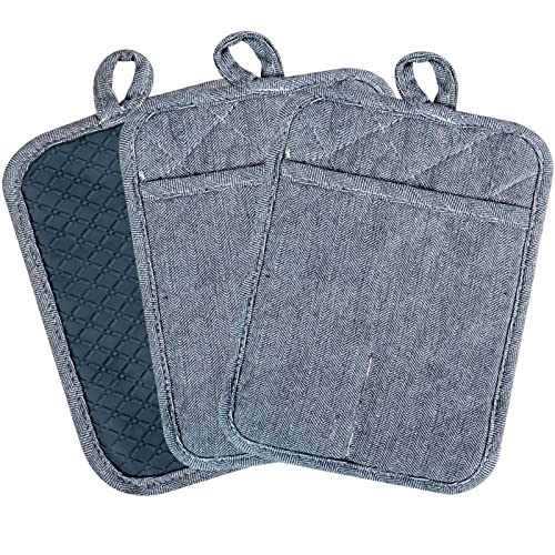 Pot Holders Yarn-Dyed Set of 3 Non Slip Silicone Kitchen Lines Heat Resistant 500℉ Kitchen Gloves BBQ Cooking Baking Women Men Cooking Barbecue Microwave Machine Washable (Gray Potholders)