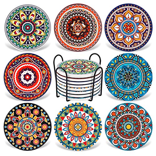 AODINI Coasters for Drinks, Set of 8 Absorbent Stone Coasters for Wooden Table, Mandala Ceramic Coasters with Cork Base, Gift for Housewarming Birthday and Family - Great Home and Dining Room Decor