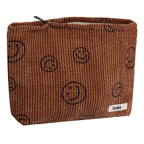 Cosmetic Bags for Women - Corduroy Cosmetic Bag Aesthetic Women Handbags Purses Smile Dots Makeup Organizer Storage Makeup Bag Girls Case Bags (Brown)