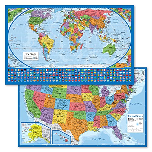 2 Pack - Laminated World Map Poster & USA Map Set - Equal Earth world map design shows continents at true relative size - US Map 18” x 29”