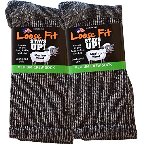 Loose Fit Stays Up Marled Merino Wool Men's and Women's Sock 2 Pack (X-Large Red Label, Black Marled)