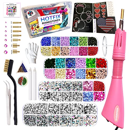 esseelove Bedazzler Kit with Rhinestones, Hotfix Applicator, DIY Hot Fix Rhinestone Setter, Hot Fixed Wand Tool Kit, 4380 Pcs, Crystal AB, Clear, 14 Colors, Tweezers, Gem Picker, Brush, Trays, Box