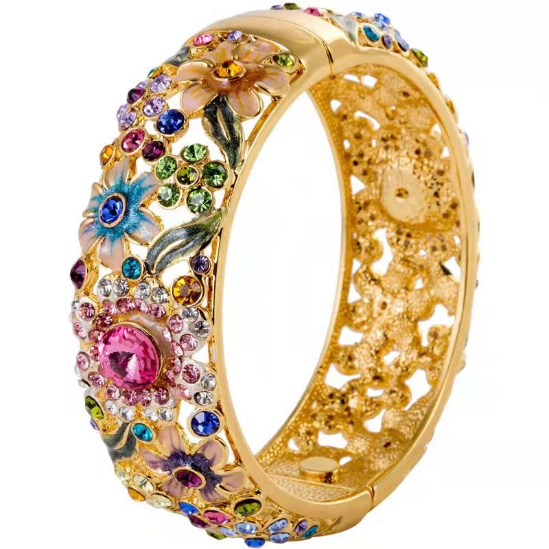 Colorful Cloisonne Rhinestone Wide Bracelet Gold Hinge Cuff Bangle Fashion Enamel Full Design Flower Women Bracelets (Multi, Diameter: 62mm)
