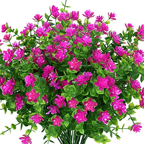 KLEMOO 24 Bundles Outdoor Artificial Fake Flowers UV Resistant No Fade Boxwood Faux Plastic Plants for Garden Patio Porch Window Box Home Wedding Farmhouse Décor (Fushia)