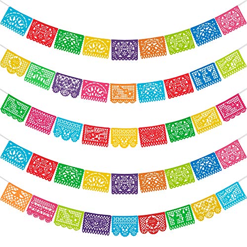 HOOJO 5 Packs 82 Ft Mexican Party Banners, Papel Picado Banner, Cinco de Mayo, Fiesta Party Decorations, Dia De Los Muertos Decor, Day of The Dead Decorations,Halloween