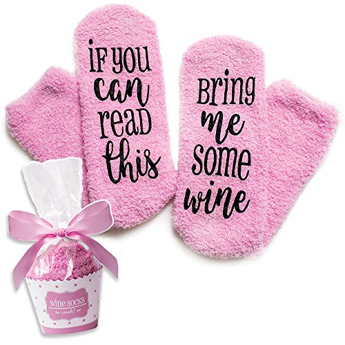 Luxury Fuzzy Wine Socks in Cupcake Gift Packaging: 'If You Can Read This Bring Me Some Wine' | Novelty Fuzzy Socks for Women | Funny Accessory for Her, Present for Wife, Wine Gifts for Women