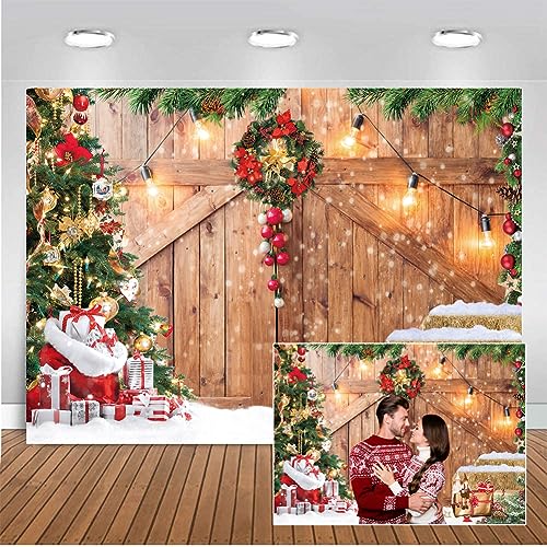 CHAIYA 7x5ft Christmas Backdrop Christmas Barn Wood Door Photography Backdrop Xmas Tree Snow Background Winter Xmas Party Supplies Christmas Family Kids Party Banner