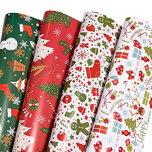 PlandRichW Christmas Wrapping Paper Folded for Kids Boys Girls Man Women Gift's. Papercraft Snowmen, Candy Canes, Tree, Socks, Snowflakes, Happy New Year Bulk of 12 Sheets 20'x 29' Folded