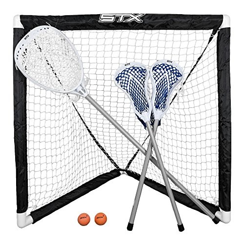 STX FiddleSTX Three Player Game Set with Two Field Player Sticks One Goalie Stick Mini Goal and Balls , White/Grey