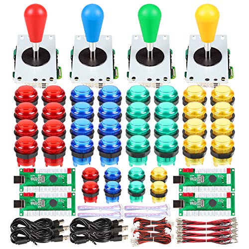 Fosiya 4 Player LED Arcade Kit Ellipse Oval Style Joystick USB Encoder to PC Games DIY Controllers Bat Joystick 4 Colors LED Arcade Buttons for All Windows PC MAME Raspberry Pi