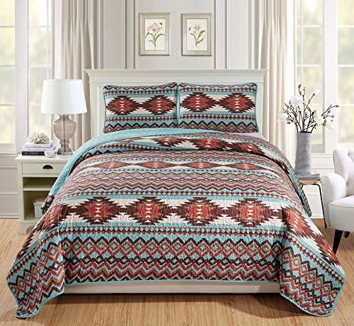 Rugs 4 Less Rustic Southwestern Quilt Stitched Western Bedspread Bedding Set with Tribal Native American Patterns - Utah (Turquoise, Full - Queen)